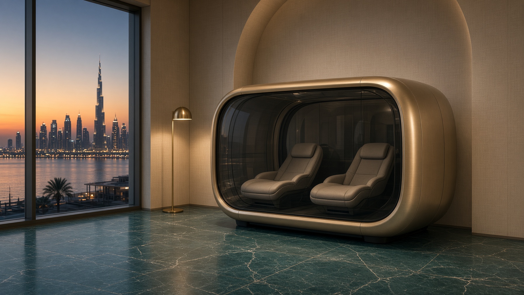 Dual-seat hyperbaric wellness pod in a RegenX Hub